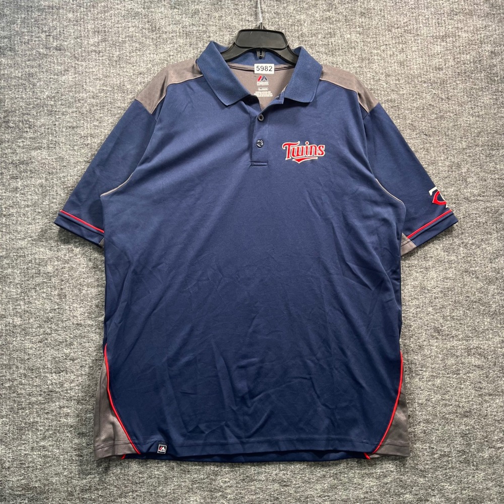 Majestic Minnesota Twins MLB Polo Shirt Mens XL Navy Blue Grey Embroidered
